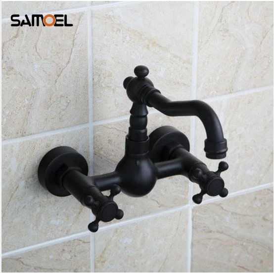 European Style Wall Mounted Dual Handle Antique Black Faucet swivel spout mixer tap B3265