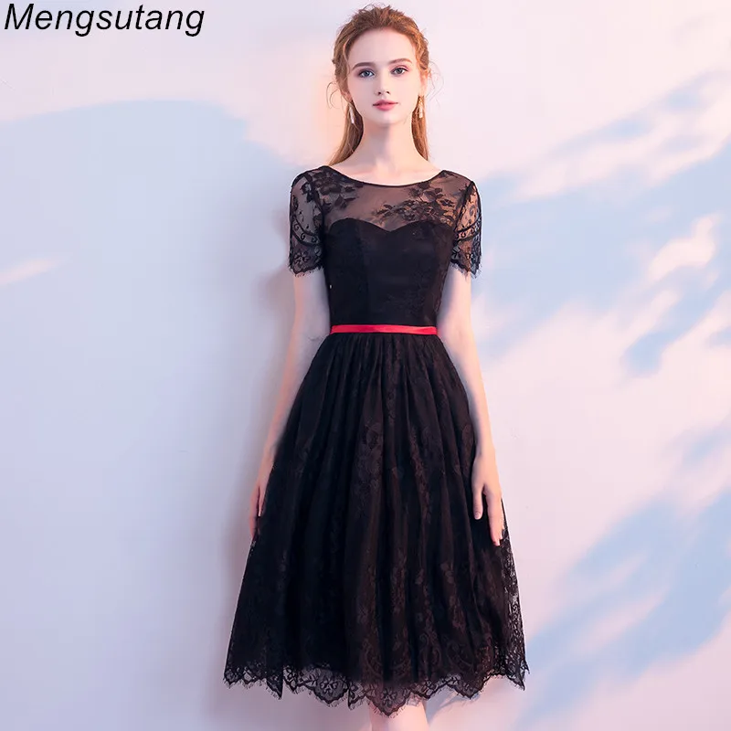 Robe de soiree Nero Elegante Slim Tea-Lunghezza O-Collo vestido de festa abito da sera con Appliques Vestiti Da Partito di promenade abiti