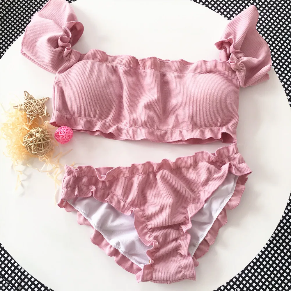 2024 Bandeau High Cut Bikini Set Swimsuit Female Swimwear Women Bathing Suit Smocked Sexy Bikinis Off Shoulder Swim Suit Pink