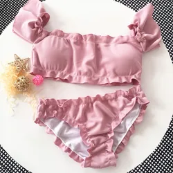 2024 Bandeau High Cut Bikini Set Swimsuit Female Swimwear Women Bathing Suit Smocked Sexy Bikinis Off Shoulder Swim Suit Pink