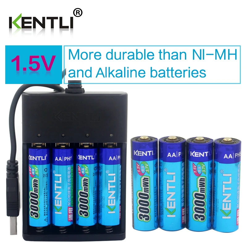 KENTLI 8 pcs 1.5 v 3000mWh AA ricaricabile Li-polymer li-ion polymer batteria al litio + 4 slot USB di smart caricatore
