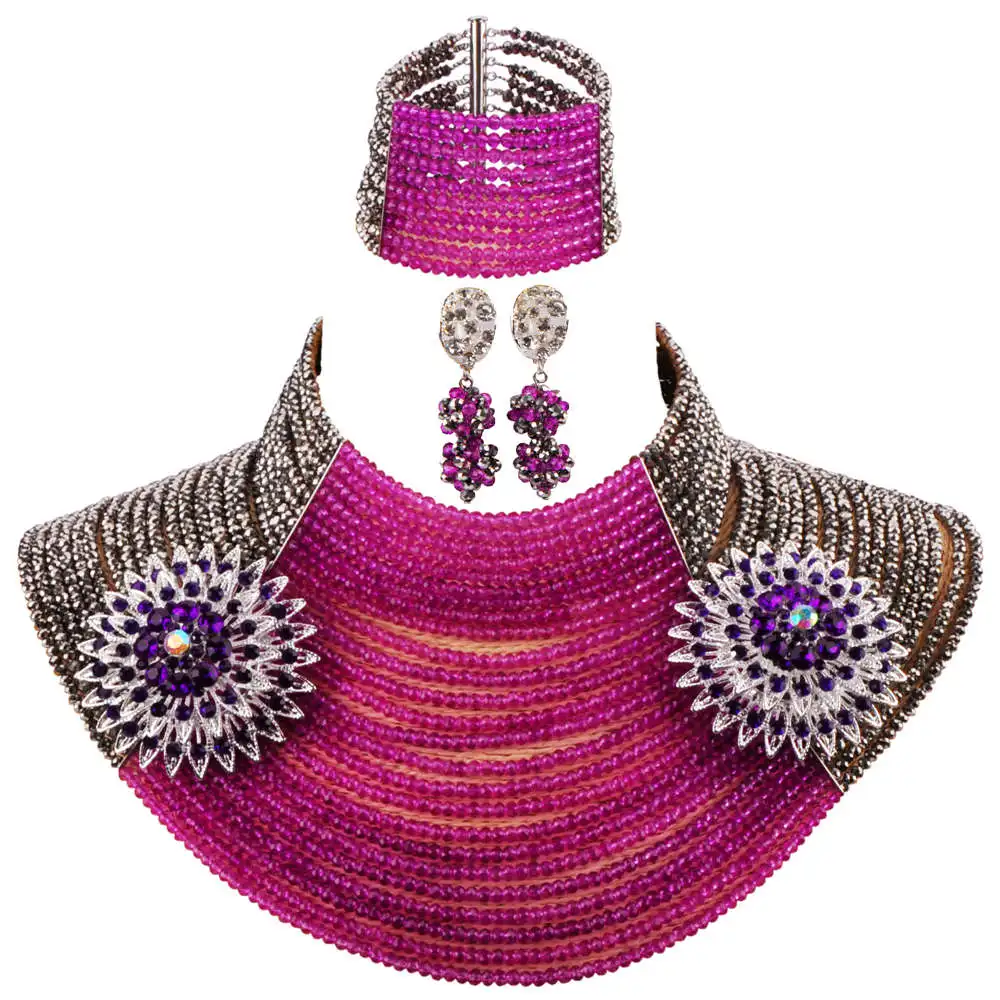 Fashion African Beads Necklace Jewelry Set Silver Purple 25 Layers 4mm Crystal Party Jewelry Sets 25LC11