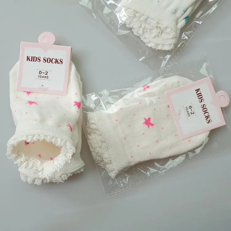 Meias de algodão bebê com renda babado guarnição, borracha antiderrapante, impressão pequena estrela, alta qualidade, 2-4Y, 1 pares