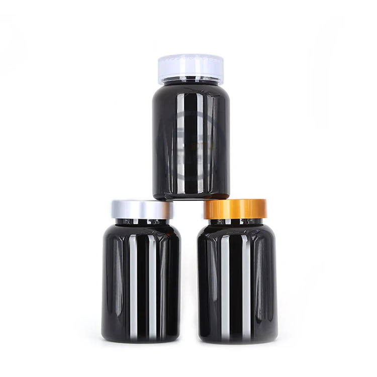 100pcs 225ml TOP Black Color PET Bottle, 225CC Health Products Bottles, Plastic Capsules Bottles with Metal & Child-proof Caps