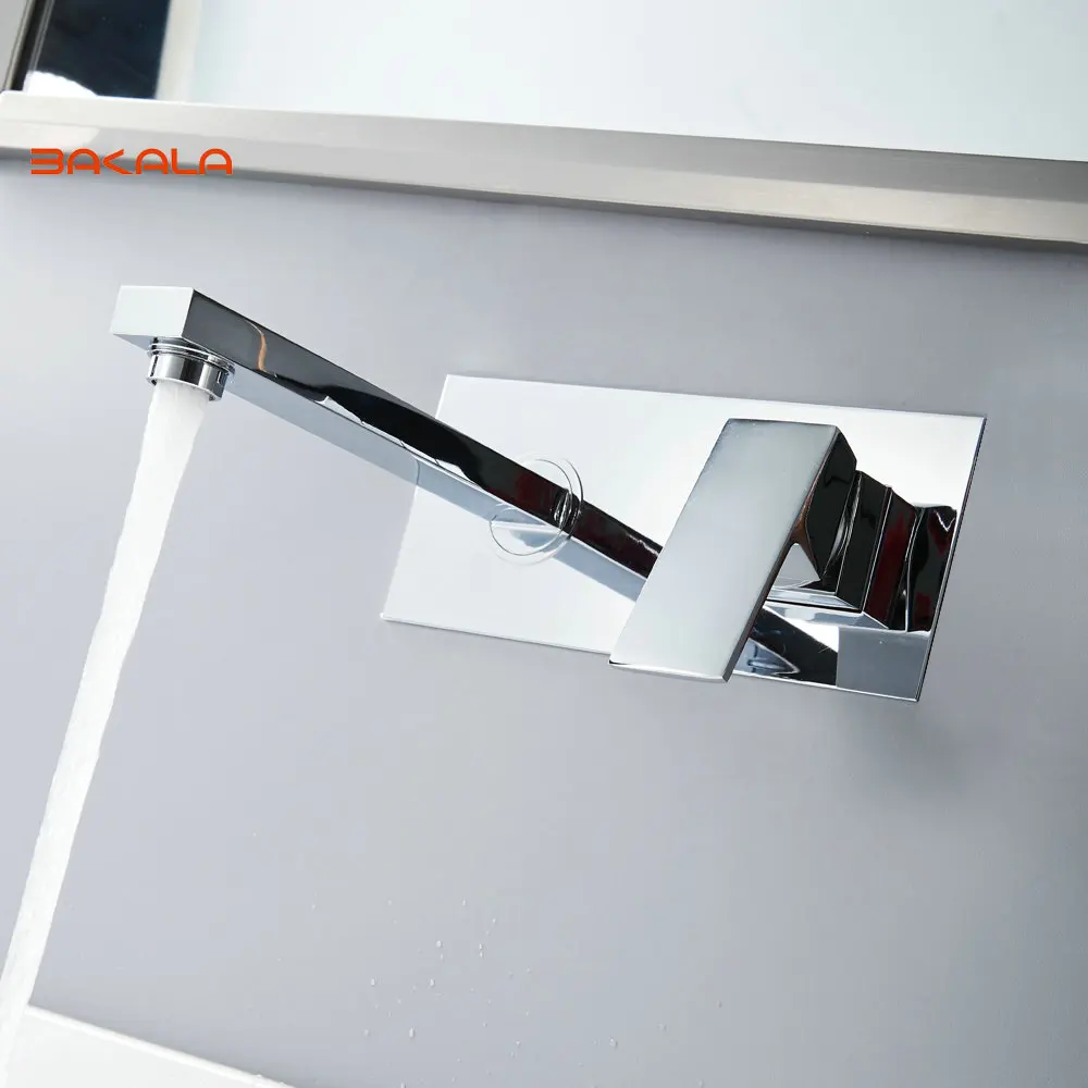 BAKALA High Quality Bathroom Basin Sink Faucet Wall Mounted Square Chrome Brass Mixer Tap With Embedded Box LT-320R