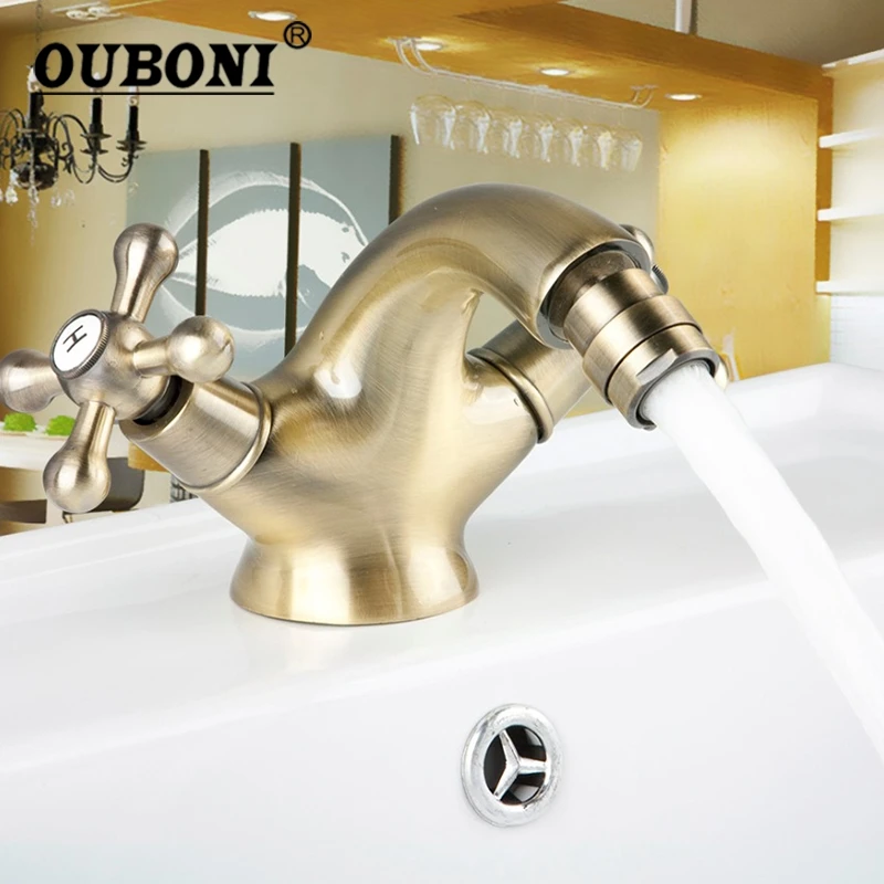 

OUBONI Antique Brass Solid Brass Bidet Faucet Brushed Antique Brass Finish Swivel Stream Spout Bathroom Basin Faucet Mixer Tap