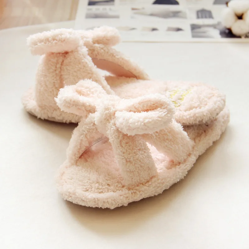 Flock Bowtie Spring Summer Women Home Slippers For Indoor Bedroom House Soft Bottom Cotton Warm Shoes Adult Guests Flats