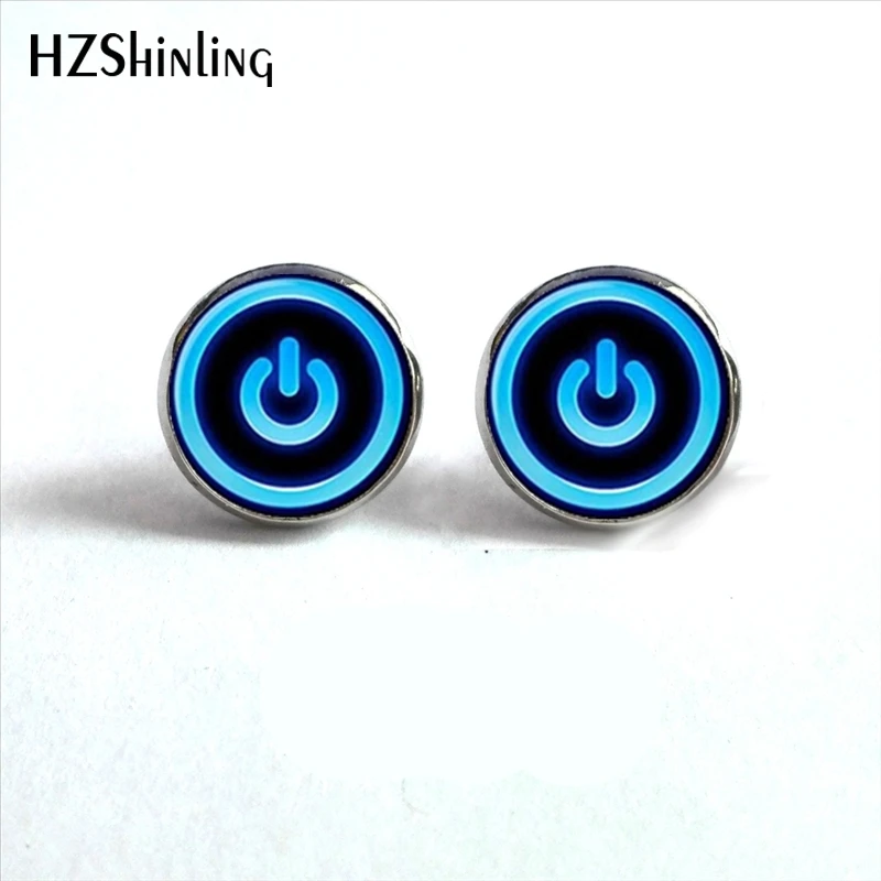 NES-009  Btton Power Earrings Neon Ear Nail Computer Button Power Earrings Jewelry Glass Ear Stud Cabochon Earrings HZ4