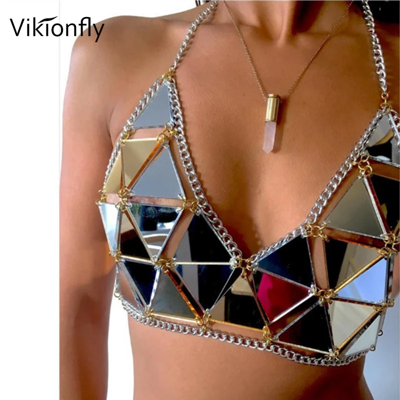 Vikionfly Long Lanh Sequin Bikini Top Phụ Nữ Phản Quang Halter Đồ Bơi Ban Đêm Bãi Biển Đảng Clubwear Brazil Biquini Vàng Bạc