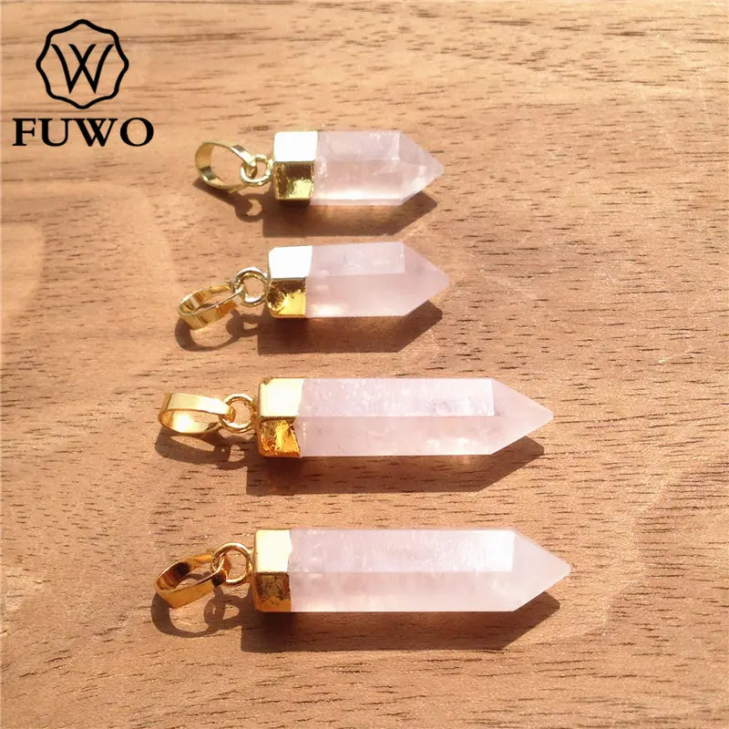 FUWO Wholesale Rose Quartzs Point Pendant Golden Plated Spike Shape Raw Crystal Accessories For Jewelry Making 5Pcs/Lot PD119