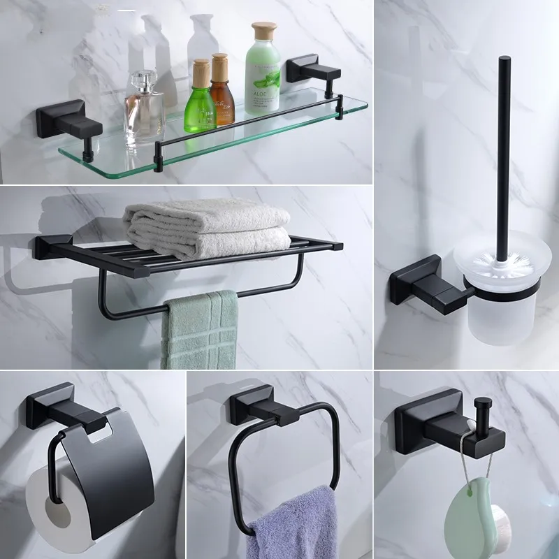 

Matte Black brass 6-Piece Bathroom Hardware Accessory Set shelf towel rack robe hook paper holder towel ring Toilet brush