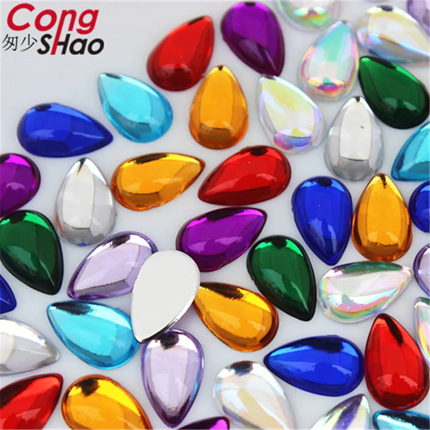 Cong Shao 100Pcs 8*13mm Colorful Drop Smooth surface flatback Acrylic Rhinestone trim stones and crystals costume Button ZZ232