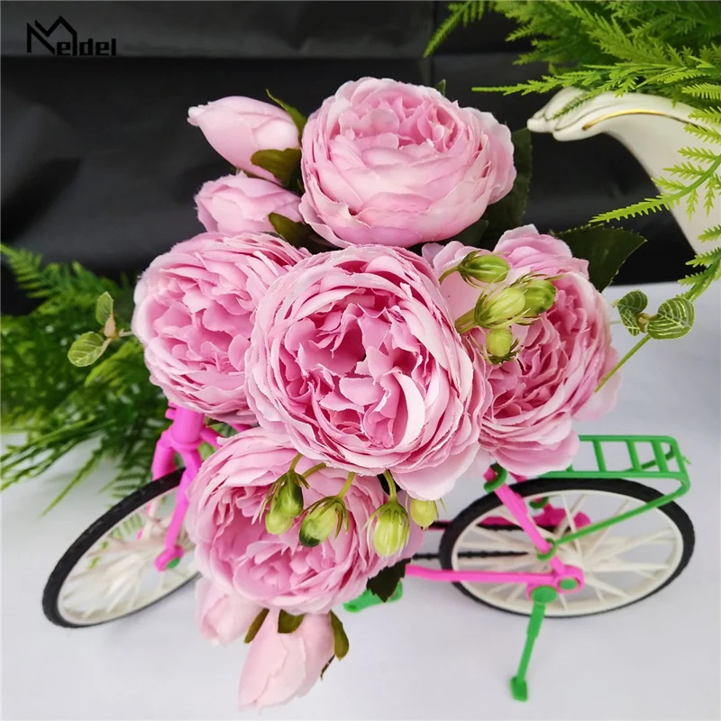 Meldel Bridal Wedding Bouquet Bridesmaid Peony Bouquet Artificial Silk Rose Flowers Arrangement Home Party Prom Decoration