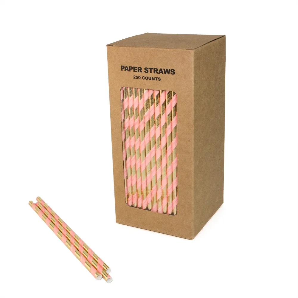 Free Shipping 100% Biodegradable Paper Straws For Birthday Party, Foiled Gold Peach Stripe Paper Straws 250 Counts  Box