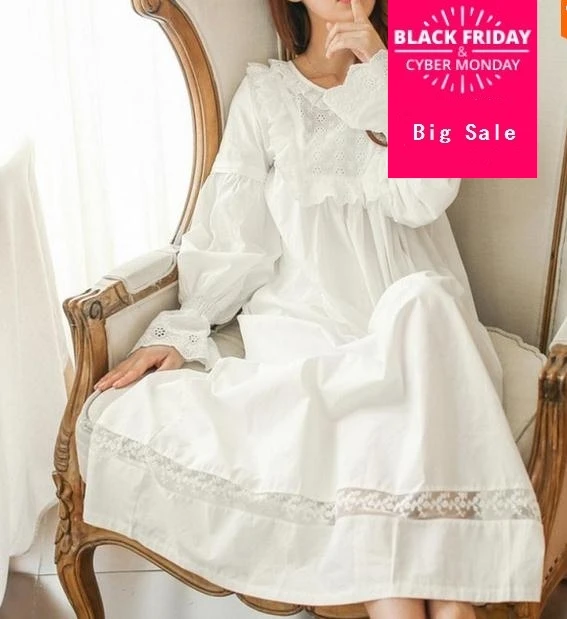 Pure Royal Memory Pure Cotton Nightgown Princess Long Sleeve Nightdress Ladies Sleepwear White Women's Nightwear AW313