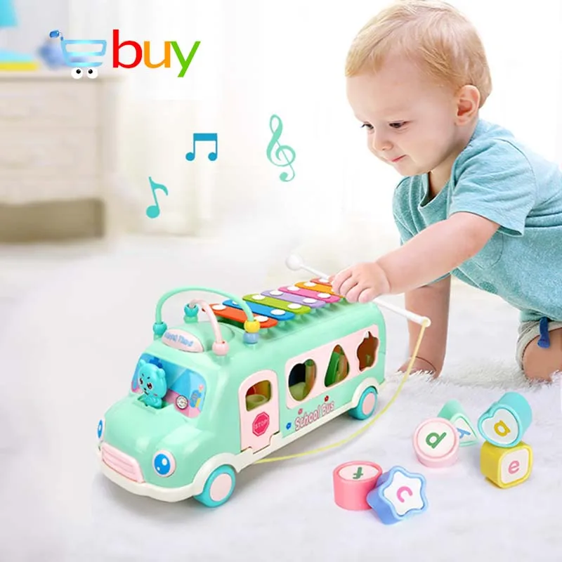 Baby Electric School Bus Music Car with Percussion Piano Matching Blocks Transfer Beads Early Educational Toys for Children Gift