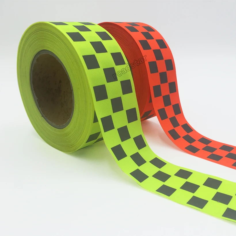 Roadstar Reflective Oxford Webbing Fluorescent Yellow& Orange Warning Tape with Small Square for Safety Sew on Cothing