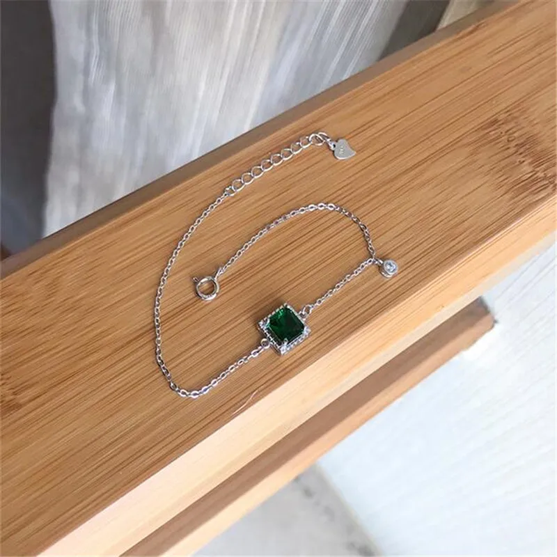 New Personality Temperament Geometric 925 Sterling Silver Jewelry Not Allergic Square Green Crystal Sweet Gift Bracelets  SL043