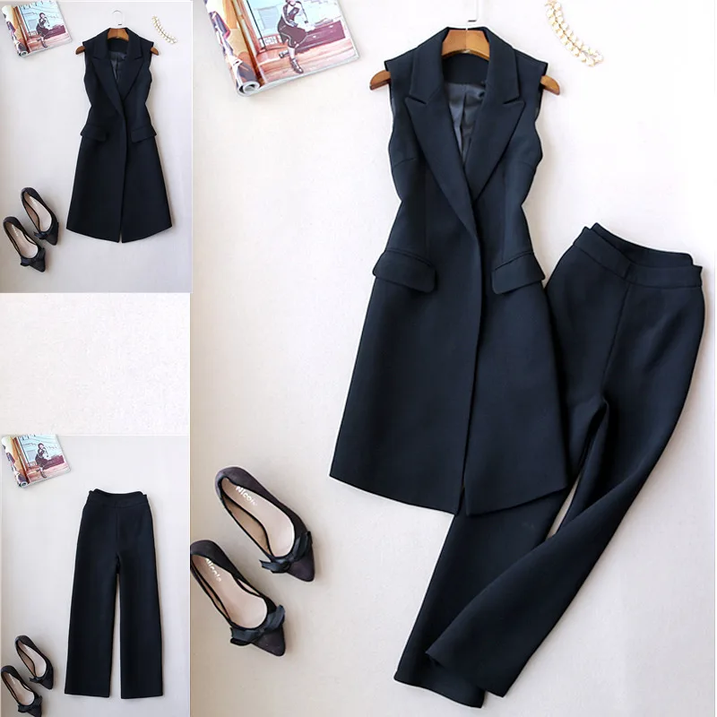 Spring new Korean version of the two-piece suit vest and long sections influx suit jacket fashion wide leg pants nine points