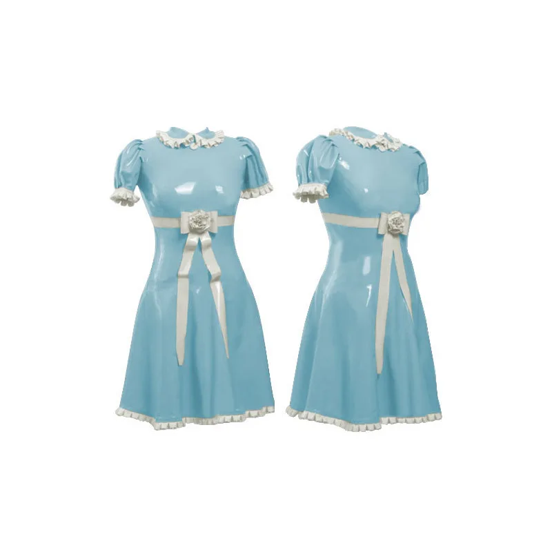 

Latex Rubber Women Fancy Dress Nurse Light Blue and White Skirt Cosplay Part Size XXS-XXL