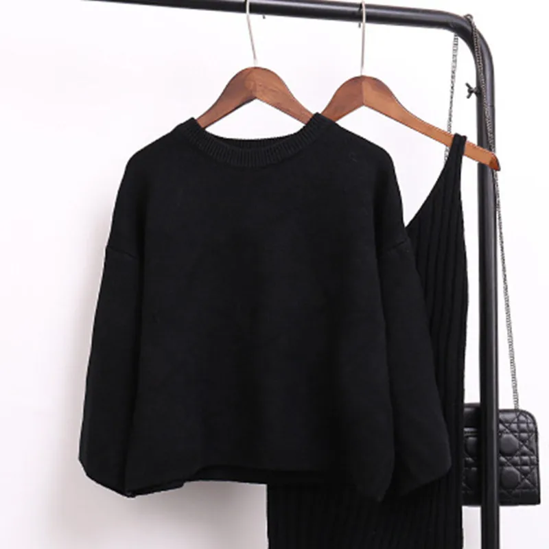 New Fashion Women Knit Suits 2020 Wool Sweater Elastic Cashmere Suit Loose Pullover Sweater +Long Hip Skirt Two Piece WS046