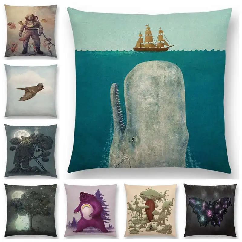 Newest Cute Little Ghost Sailboat Whale Ocean Deer Bear Diver Prints Cushion Cover Sofa Throw Pillow Case