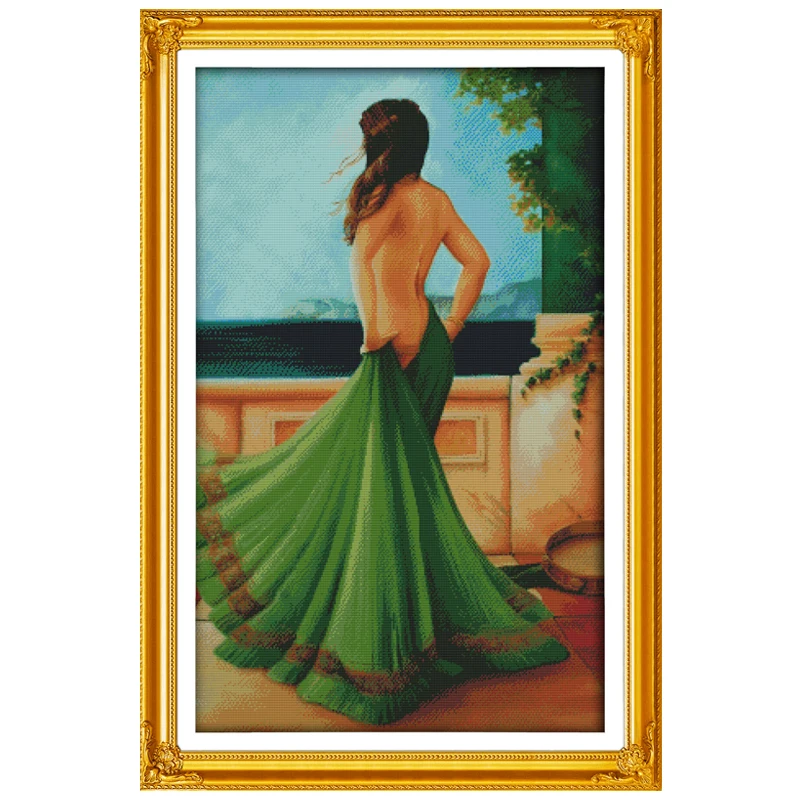 The Lady in Green Dress Patterns Counted Cross Stitch Set DIY 11CT 14CT 16CT Stamped DMC Cross-stitch Kit Embroidery Needlework