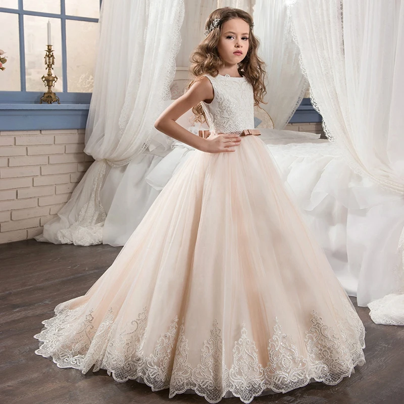 Sleeveless Elegant Beaded Train Flower Girl Dresses for Wedding Ball Gown Children Ceremony Thanksgiving Event Formal Prom Dress