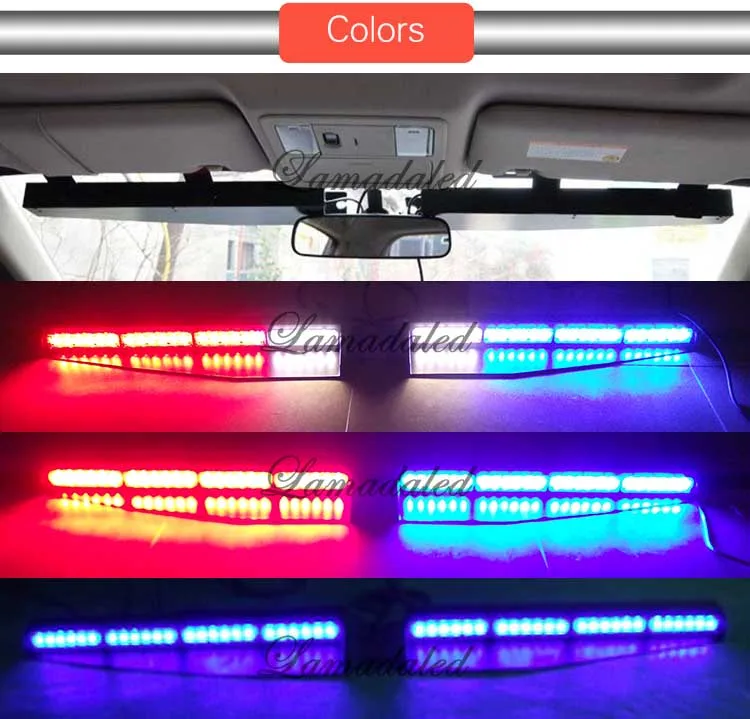 DC12V 2pcs 24W 45cm red blue led police car visor strobe lights auto vehicle windshield split mount deck dash led warning lamp