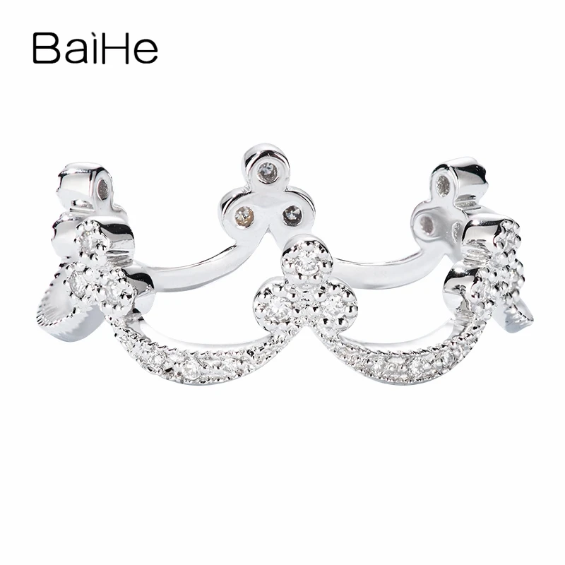 BAIHE Solid 14K White Gold H/SI Natural Diamond Crown Ring Women everyday all-match Trendy Fine Jewelry Making Anel da Coroa