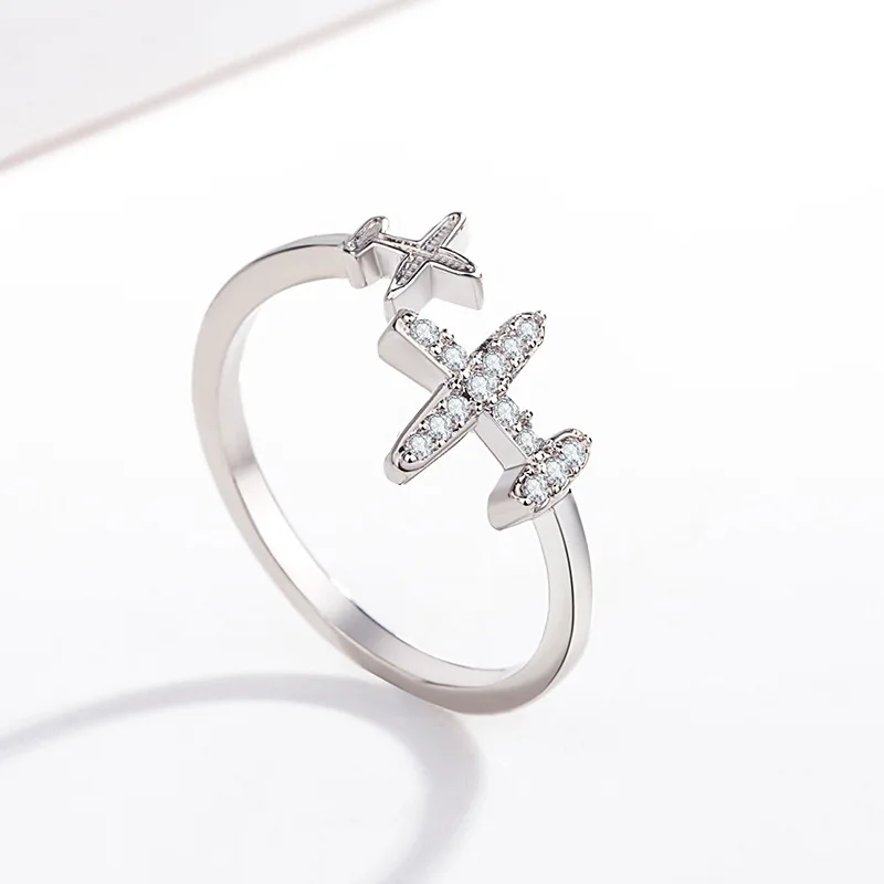 Cute Plane Jewelry Fly Series Ring Crytal Star Cubic Zircon Aircraft Airplane Finger Ring Travel Trip Jewelry Unique Design