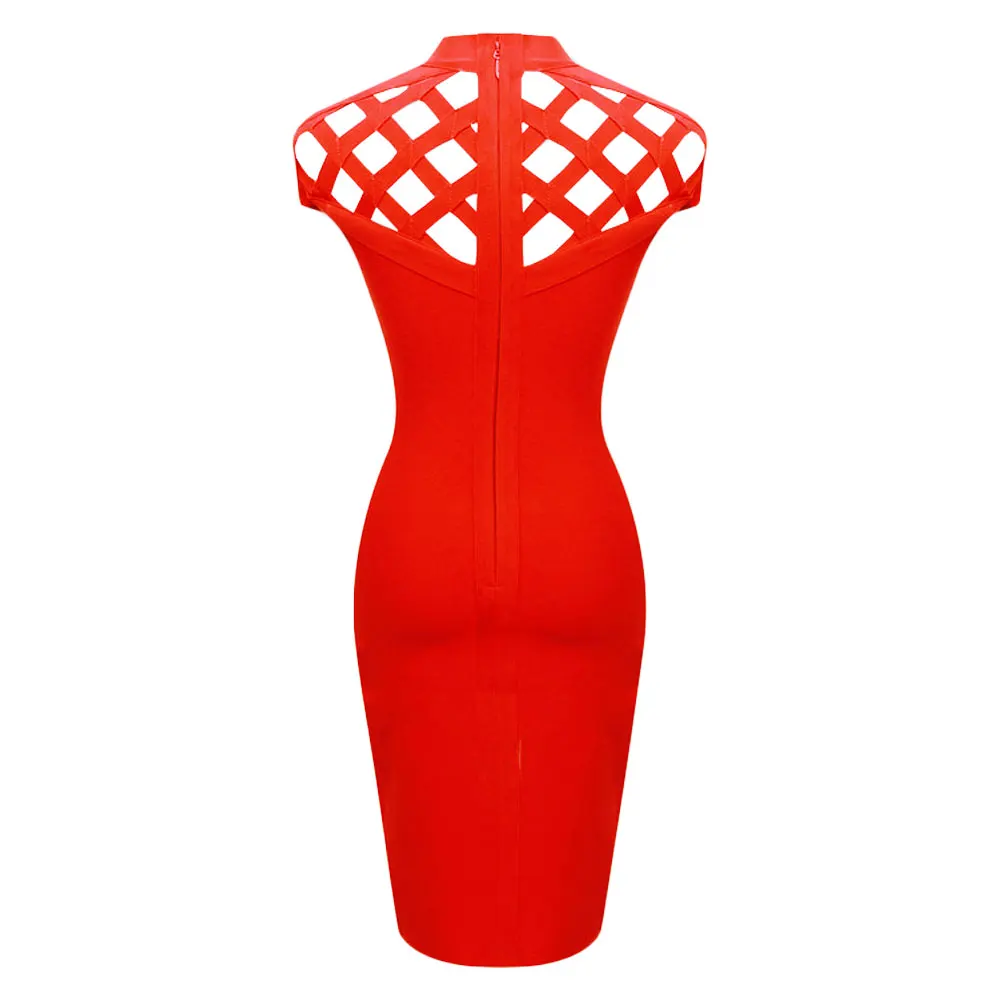 Hqbory 2023 feminino sexy meados de comprimento bandage vestido rayon manga curta alta pescoço oco para fora festa clube vestido bodycon nova moda