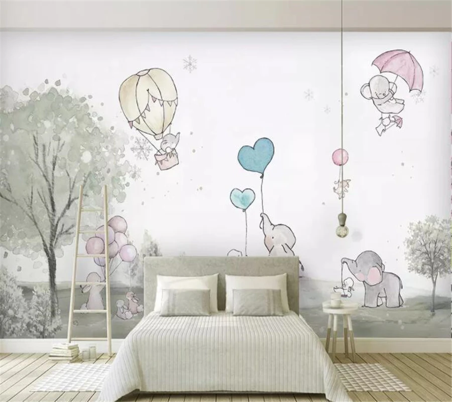 wellyu Custom 3d wallpaper lovely cartoon Elephant Cartoon bear hot air balloon animal room background wall 3d wallpaper