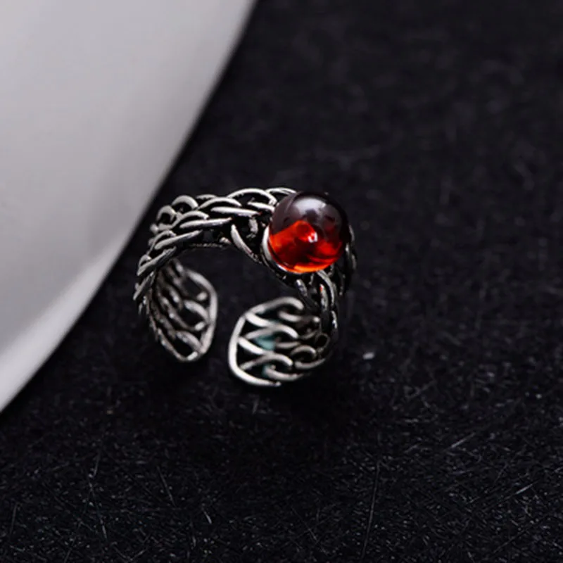 925 Sterling Silver Retro Three Tier Chain Red Garnet &Pearl  Open Adjustable Ring Women Thai Silver Vintage Gift