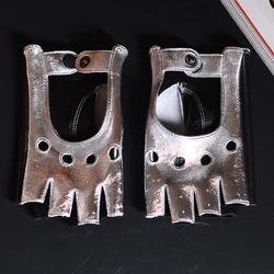 Women's Ladies Real Leather Unlined Half-Finger snap-fastener Fingerless Semi-finger Punk Rock Short Sports Gloves