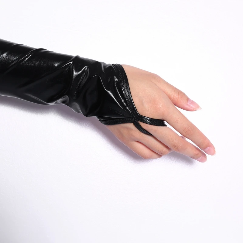 Lady Women Wet Look Sexy Black Fingerless Arm Length Gloves Elastic Shiny Mid-Upper New Solid Fashion