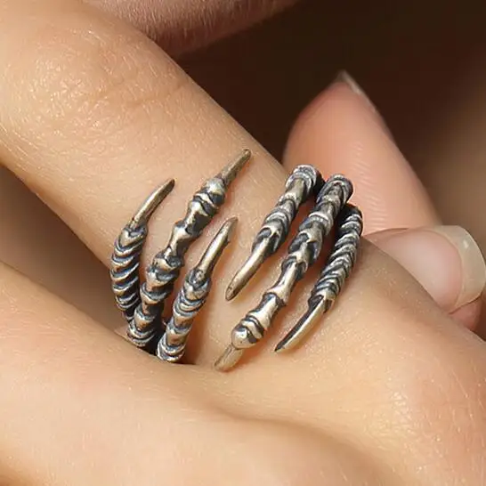 Genuine 925 Sterling Silver Gothic Punk Style Eagle Claw Finger Ring Opening Adjustable Rings For Women Mens Jewelry