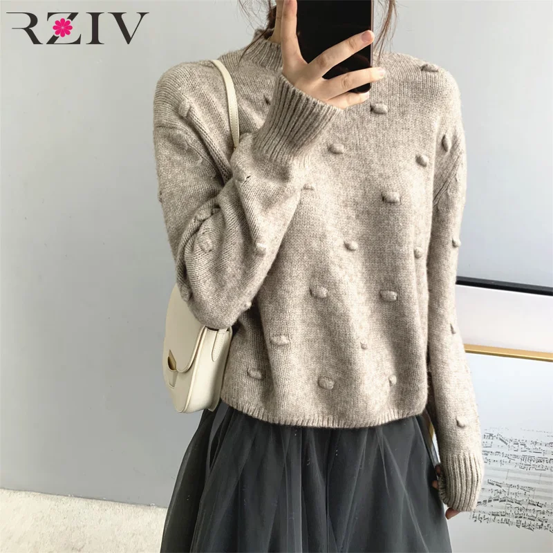 RZIV Autumn women sweater casual solid color knitted sweater round neck long-sleeved sweater crochet design