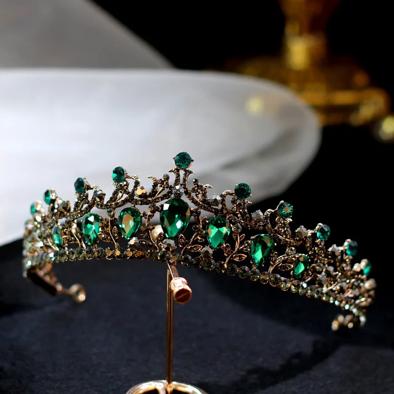 Baroque Vintage Black Green Crystal Bridal Tiaras Crowns Pageant Diadem Rhinestone Veil Tiara Headbands Wedding Hair Accessories