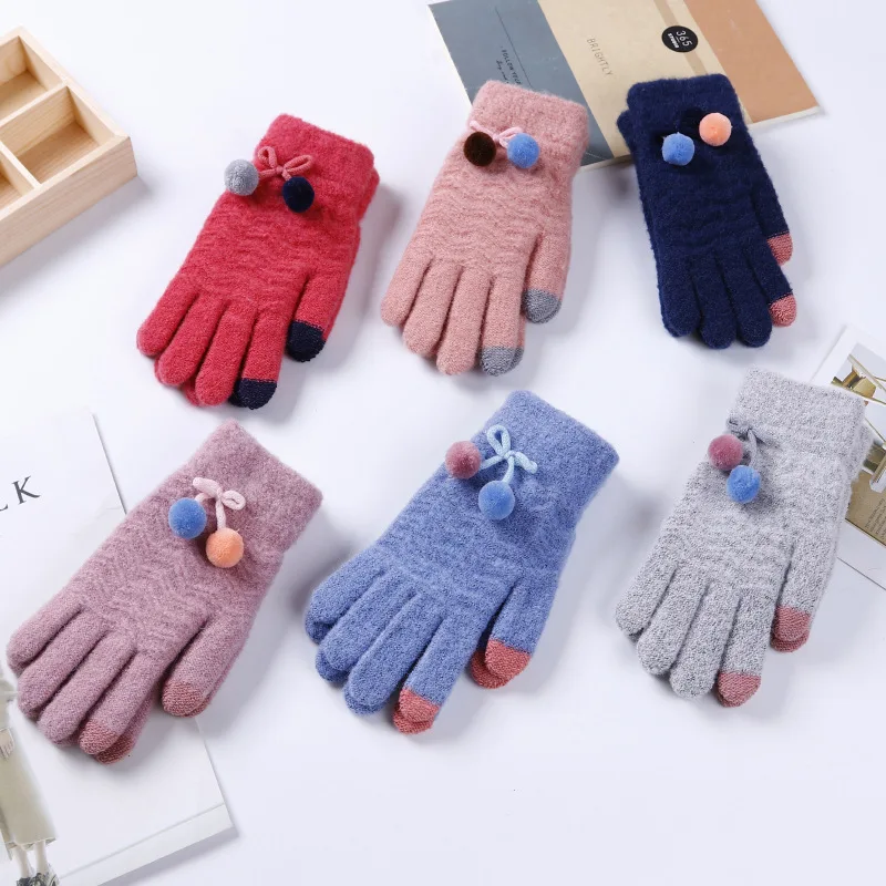 Female Fashion Flexible Knit Touch Phone Screen Gloves Winter Women Cashmere Full Finger Warm Cute Fur Ball Cycling Gloves A50