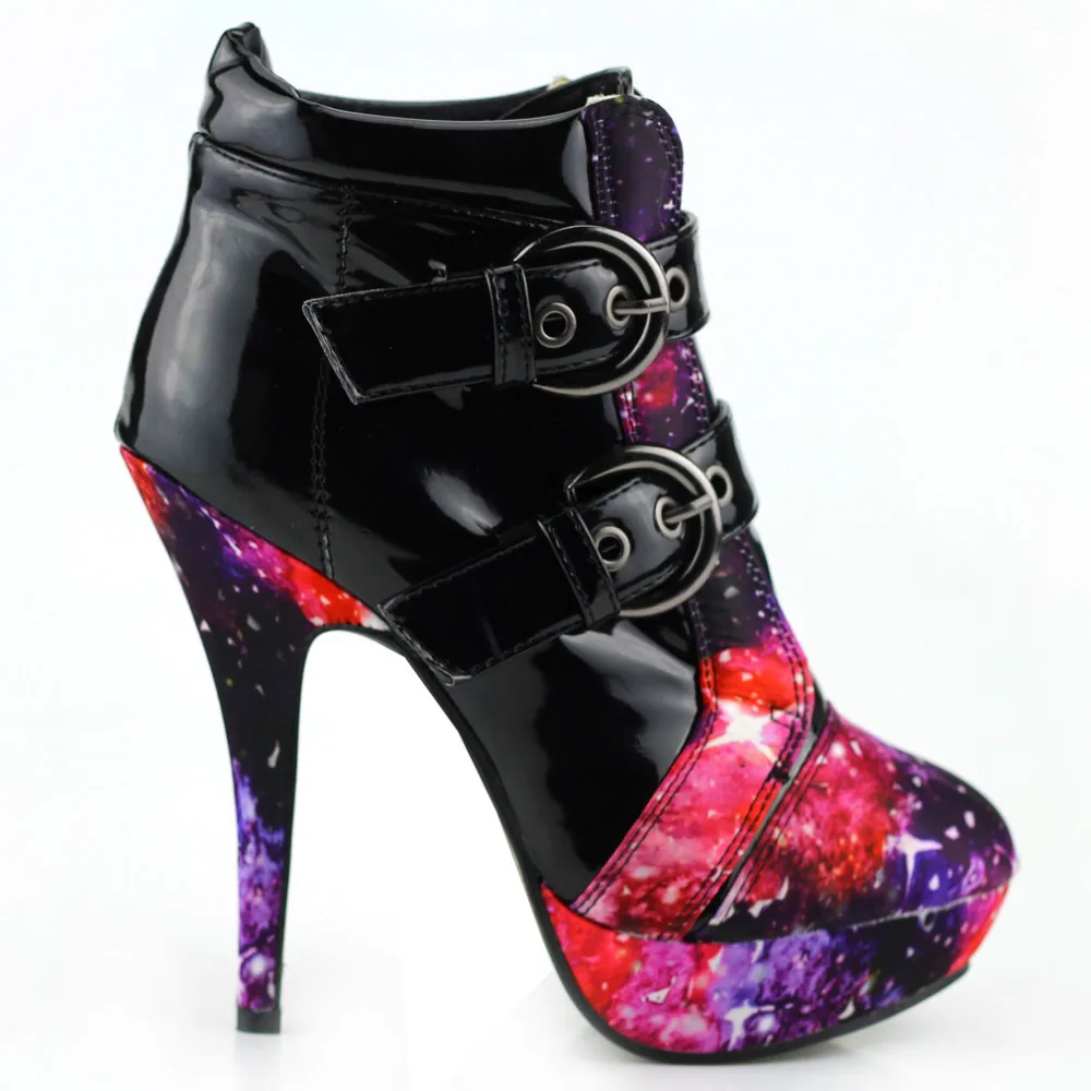 LF30301-1 Buckles Cosmic Galaxy Starry Night Sky High Heel Platform Ankle Boots