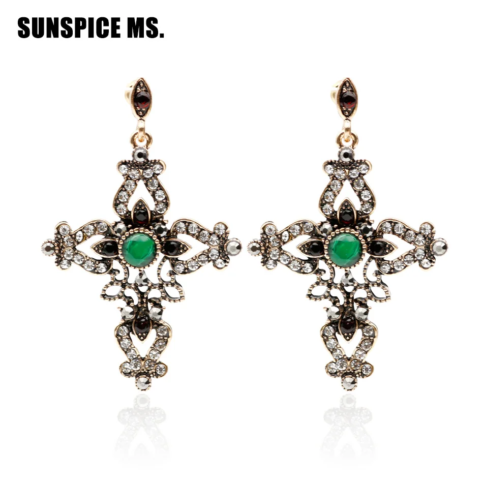 Religious Jewelry Vintage Cross Earrings Women Antique Gold Color Round Resin Dangle Earring Hollow Flower Ethnic Retro Earring