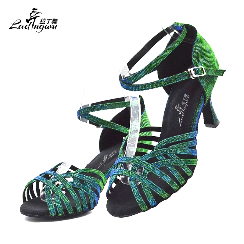 Ladingwu-Sapatos de Dança Salsa Fundo Suave, Pano Flash Verde, Kizomba Tango, Sapatos de Dança de Salão, Salto 6 cm, 7.5 cm, 10cm, Novo, 2018