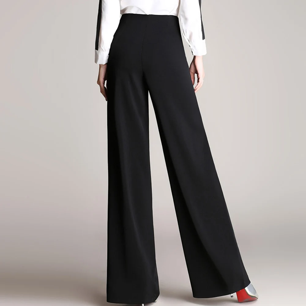 New Loose Women Wide Leg Pants Long Trousers Elegant High Waist Casual Pants Black Navy Elegant Straight Flat Office Pants