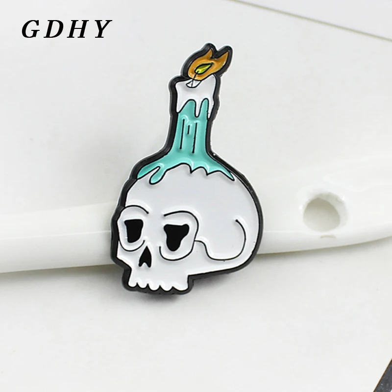 GDHY White Skulls blue Candle Enamel Brooch Skeleton Hellfire Burning Candle Pin Lapel Leather Badge To Kids Halloween  Jewelry