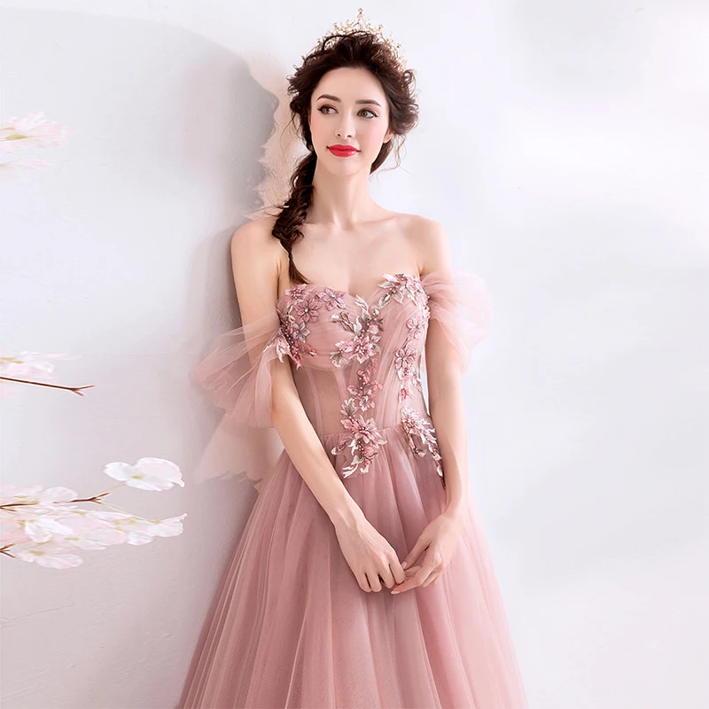 Romantische Off De Schouder Lange Prom Jurken A-lijn Fairy Rode Bonen Poeder Formele Party Dress 2019 Hot Koop Vestidos De prom Jassen