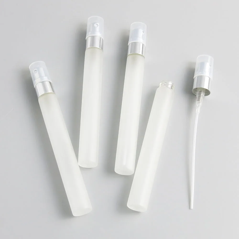 50 x 10ml Clear Frosted Glass Perfume Spray Bottle 10cc Glass Vial Women Cosmetic Spray Containers Long Refillable Aluminum Cap