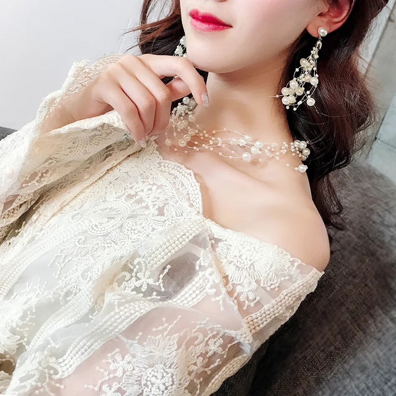 Multi-layer Wedding Statement Necklace Women Fashion Simulated Pearl Jewelry Party Invisible Line Choker Korean Maxi Colar Bijou