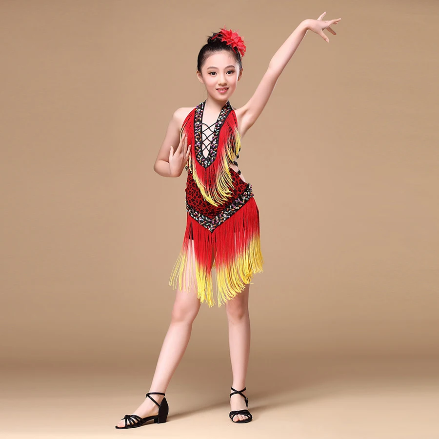 8-15 Years Performance Children Dance Outfit V-neck with Beads Backless Tassel Fringe Competition Latin Dance Dress for Girls