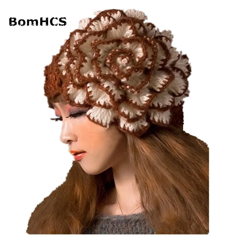 

BomHCS Big Flower Women Winter Warm Beanie 100% Handmade Knit Crochet Hat Caps Gift